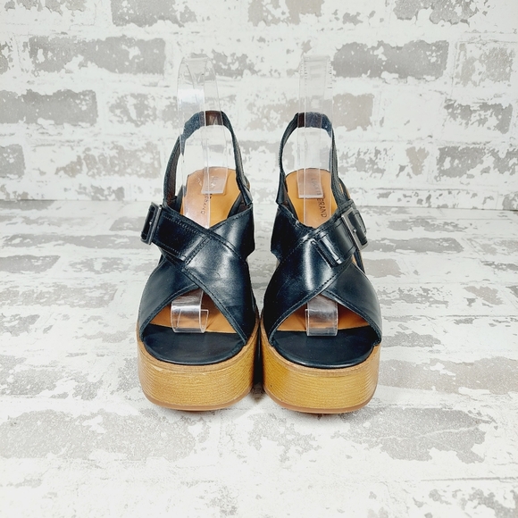 NEW Lucky Brand Delaynee Black Leather Slingback Open Toe Platform Sandals E447 - Picture 7 of 13